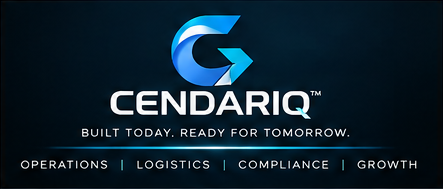 CENDARIQ marketing banner with the CENDARIQ wordmark, BUILT TODAY. READY FOR TOMORROW. tagline, and operations, logistics, compliance, and growth value areas.